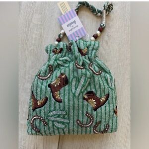 NWT Beaded Green Western Drawstring Bag